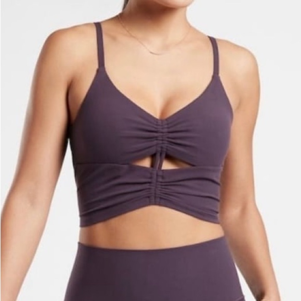 Athleta Purple‎ Powervita Cinch Longline Ruched Padded  Sports Bra
